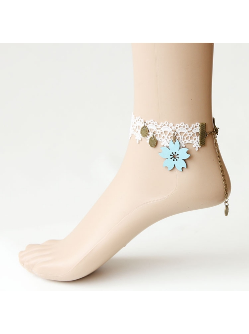 Blue Cherry Blossom Retro Fashion Lolita White Lace Female Anklet