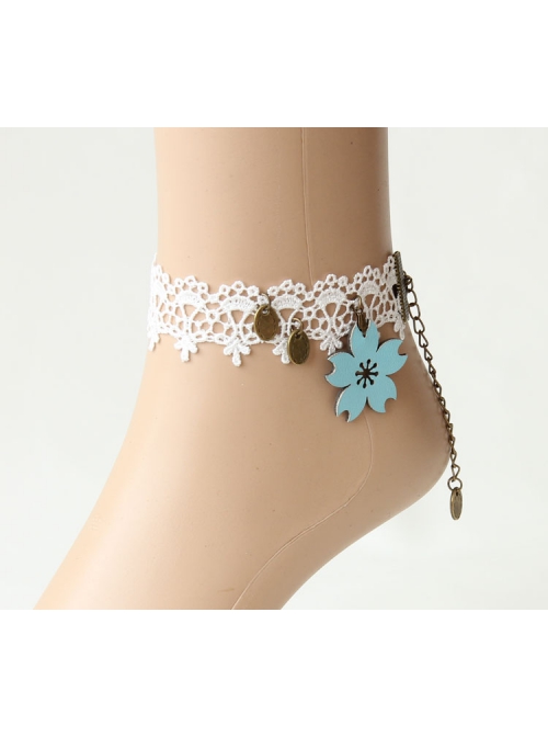 Blue Cherry Blossom Retro Fashion Lolita White Lace Female Anklet