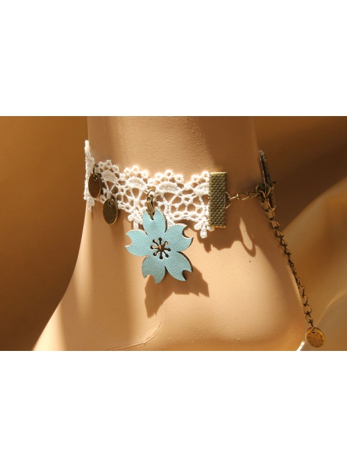 Blue Cherry Blossom Retro Fashion Lolita White Lace Female Anklet