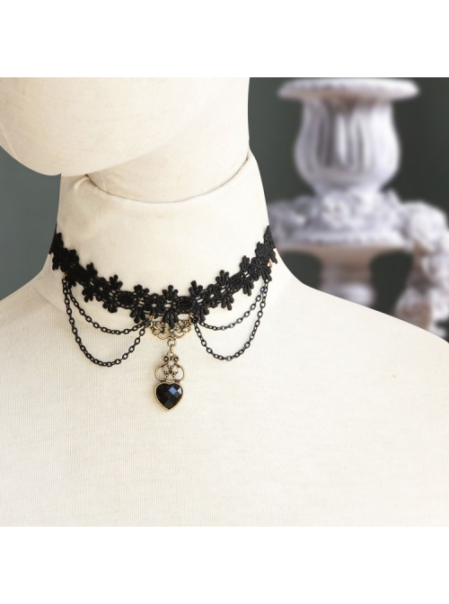 Black Gothic Retro Multi-level Resin Diamond Fashion Lace Heart Choker
