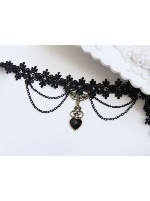 Black Gothic Retro Multi-level Resin Diamond Fashion Lace Heart Choker