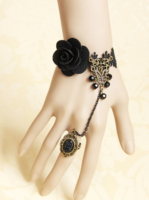 Gothic Black Fashion Retro Rose Flower Gemstone Female Bracelet With Ring One Chain