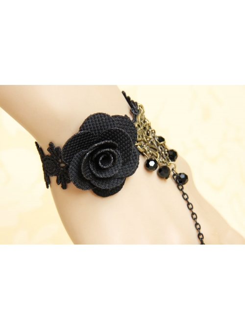 Gothic Black Fashion Retro Rose Flower Gemstone Female Bracelet With Ring One Chain