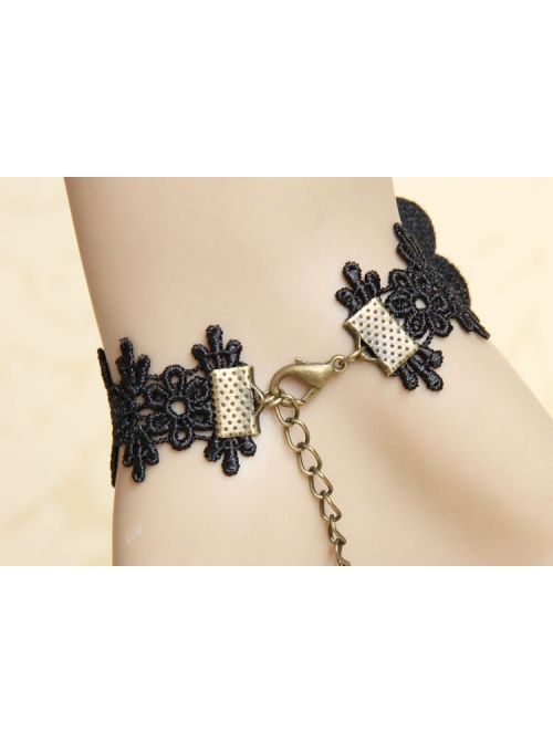 Gothic Black Fashion Retro Rose Flower Gemstone Female Bracelet With Ring One Chain