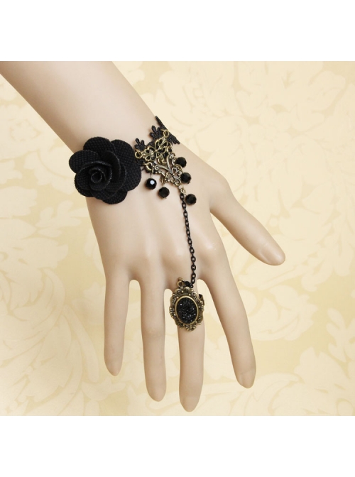 Gothic Black Fashion Retro Rose Flower Gemstone Female Bracelet With Ring One Chain