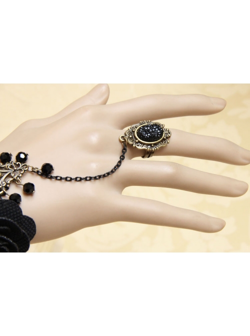 Gothic Black Fashion Retro Rose Flower Gemstone Female Bracelet With Ring One Chain