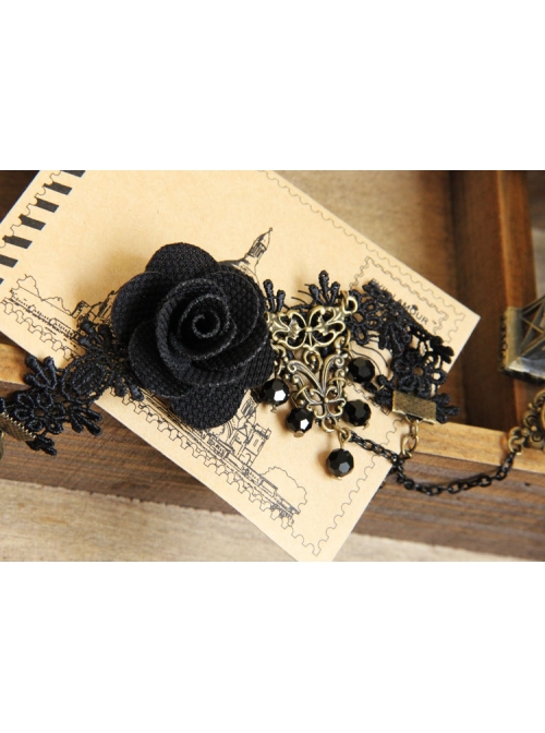 Gothic Black Fashion Retro Rose Flower Gemstone Female Bracelet With Ring One Chain