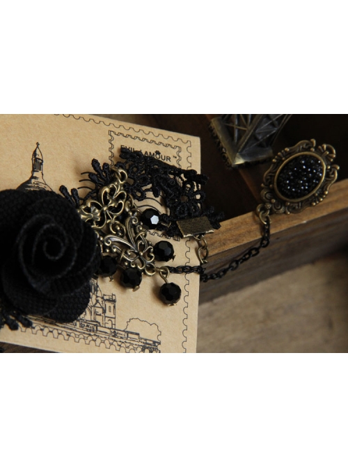 Gothic Black Fashion Retro Rose Flower Gemstone Female Bracelet With Ring One Chain