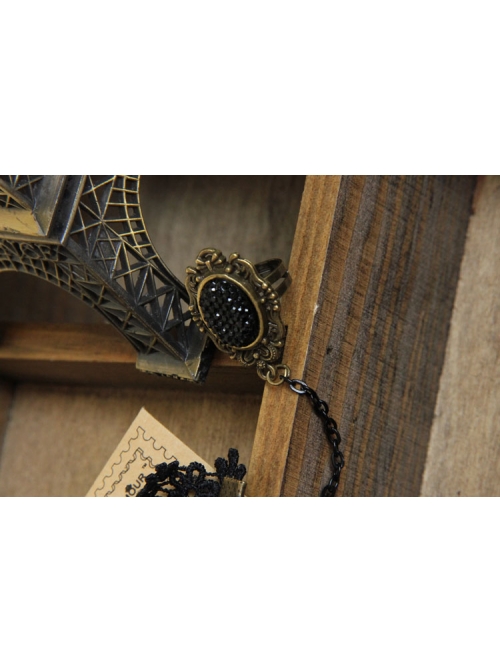 Gothic Black Fashion Retro Rose Flower Gemstone Female Bracelet With Ring One Chain
