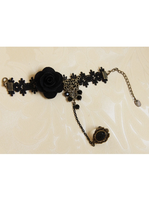 Gothic Black Fashion Retro Rose Flower Gemstone Female Bracelet With Ring One Chain