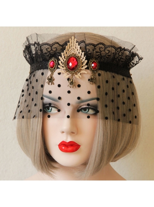 Retro Gothic Sexy Black Gauze Ruby Crown Prom Veil