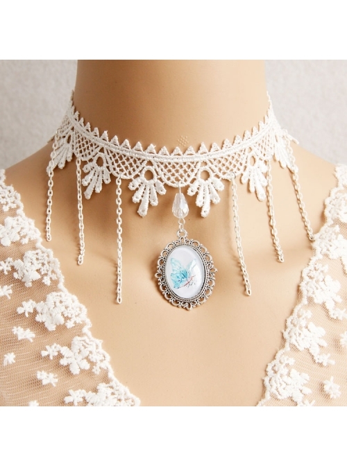 Baroque Palace Style Butterfly Pendant Lace Creative Beautiful White Tassel Necklace