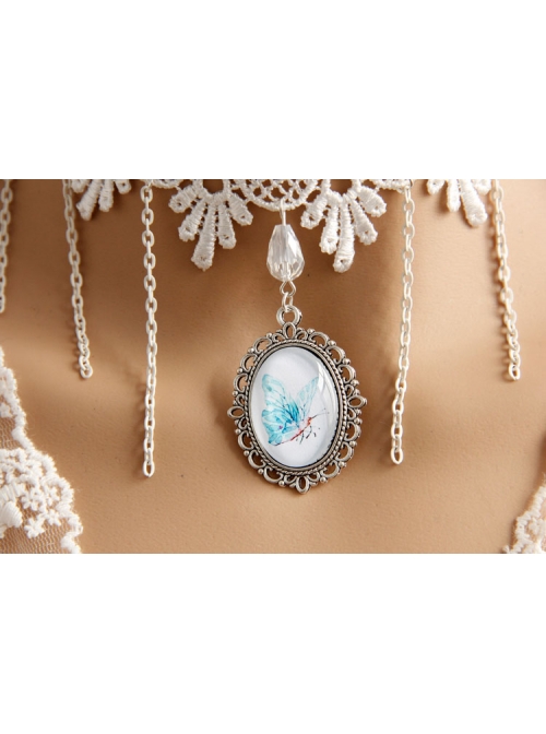 Baroque Palace Style Butterfly Pendant Lace Creative Beautiful White Tassel Necklace
