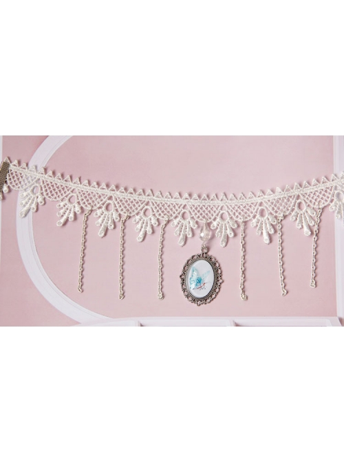 Baroque Palace Style Butterfly Pendant Lace Creative Beautiful White Tassel Necklace