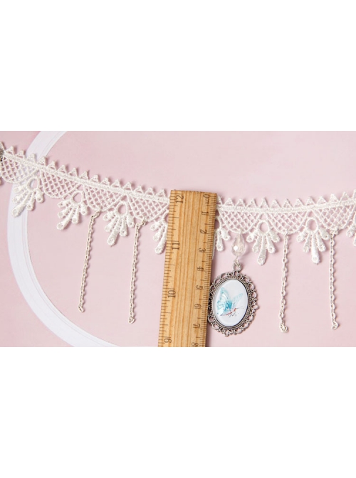 Baroque Palace Style Butterfly Pendant Lace Creative Beautiful White Tassel Necklace