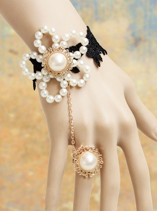 Baroque Gothic Retro White Artificial Pearl Flowers Fashion Black Lace Bracelet With Ring One Chain