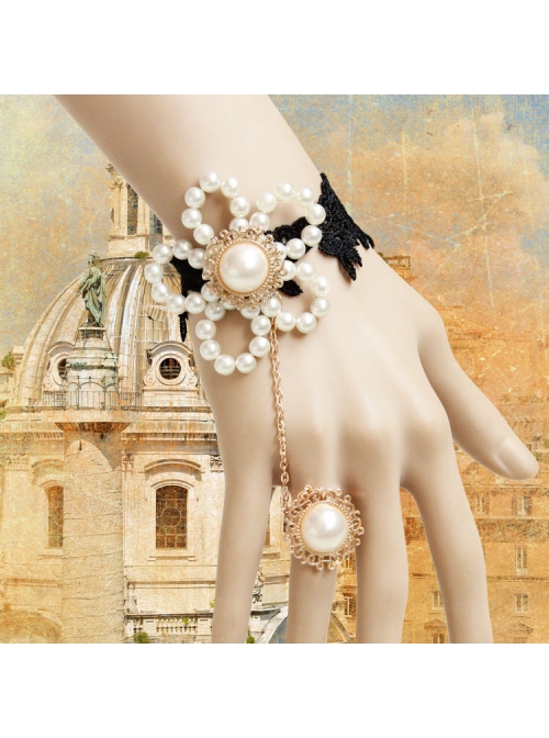 Baroque Gothic Retro White Artificial Pearl Flowers Fashion Black Lace Bracelet With Ring One Chain
