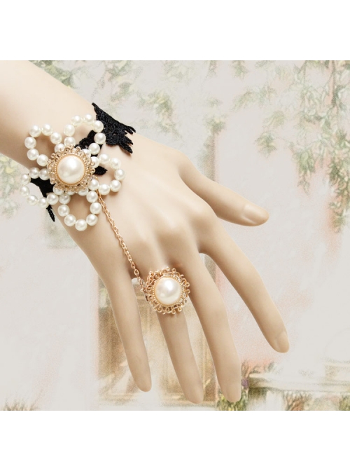 Baroque Gothic Retro White Artificial Pearl Flowers Fashion Black Lace Bracelet With Ring One Chain