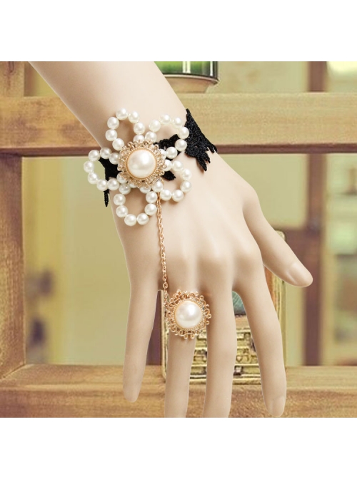 Baroque Gothic Retro White Artificial Pearl Flowers Fashion Black Lace Bracelet With Ring One Chain