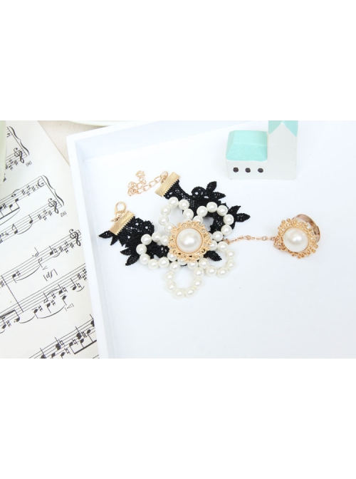 Baroque Gothic Retro White Artificial Pearl Flowers Fashion Black Lace Bracelet With Ring One Chain
