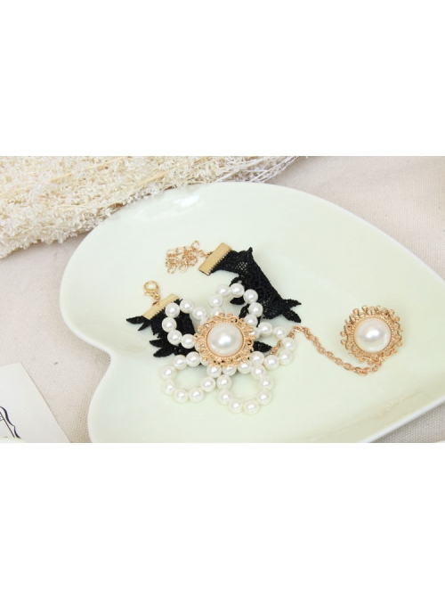 Baroque Gothic Retro White Artificial Pearl Flowers Fashion Black Lace Bracelet With Ring One Chain