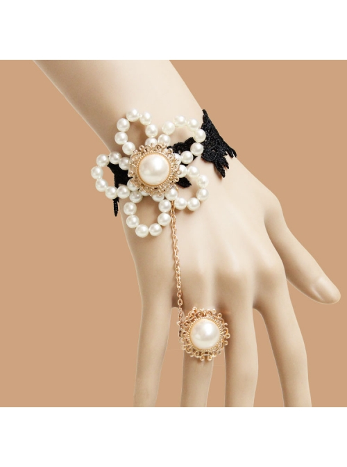 Baroque Gothic Retro White Artificial Pearl Flowers Fashion Black Lace Bracelet With Ring One Chain