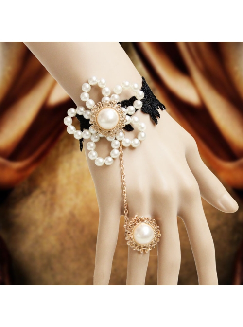 Baroque Gothic Retro White Artificial Pearl Flowers Fashion Black Lace Bracelet With Ring One Chain