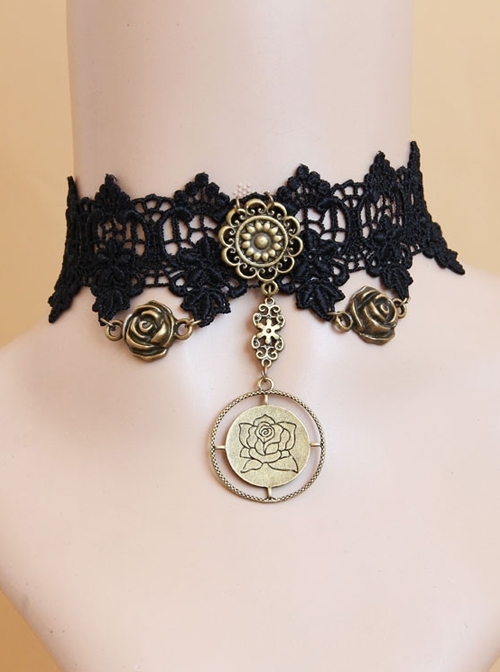 Gothic Retro Masquerade Bar Fashion Black Lace Roses Female Choker