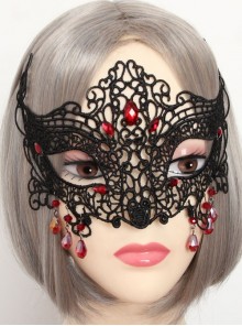 Gothic Half Face Fox Black Lace Blindfold Ruby Exaggerated Halloween Prom Mask