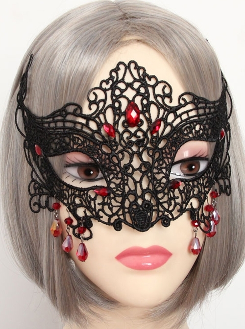 Gothic Half Face Fox Black Lace Blindfold Ruby Exaggerated Halloween Prom Mask