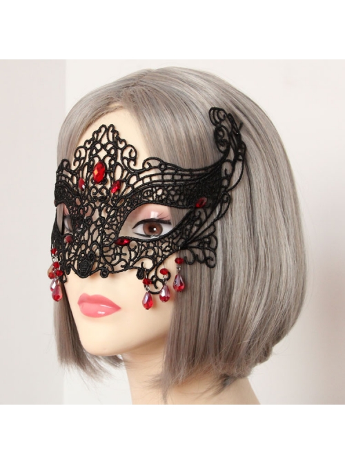 Gothic Half Face Fox Black Lace Blindfold Ruby Exaggerated Halloween Prom Mask