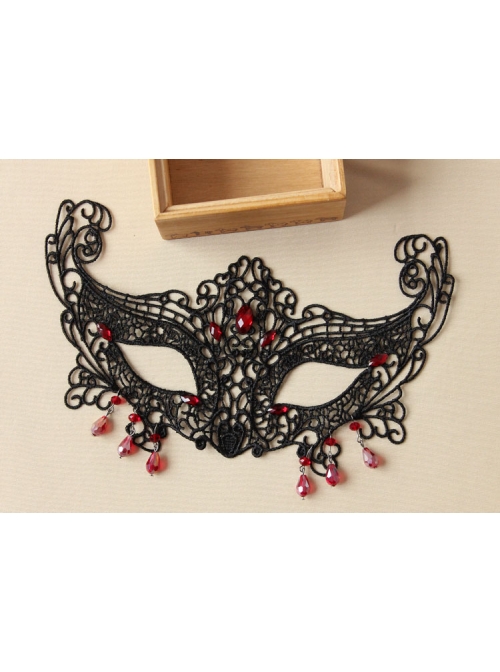 Gothic Half Face Fox Black Lace Blindfold Ruby Exaggerated Halloween Prom Mask