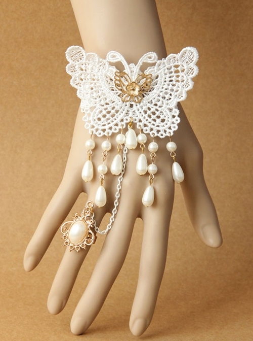 Vintage White Baroque Lace Butterfly Pearl Bride Palace Style Finger Ring Bracelet