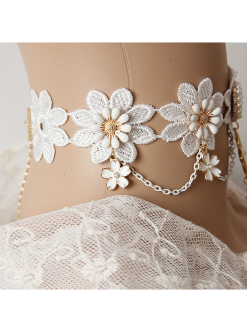 Baroque White Exaggerated Bride Wedding Dress Cherry Blossom Lace Pearl Palace Necklace