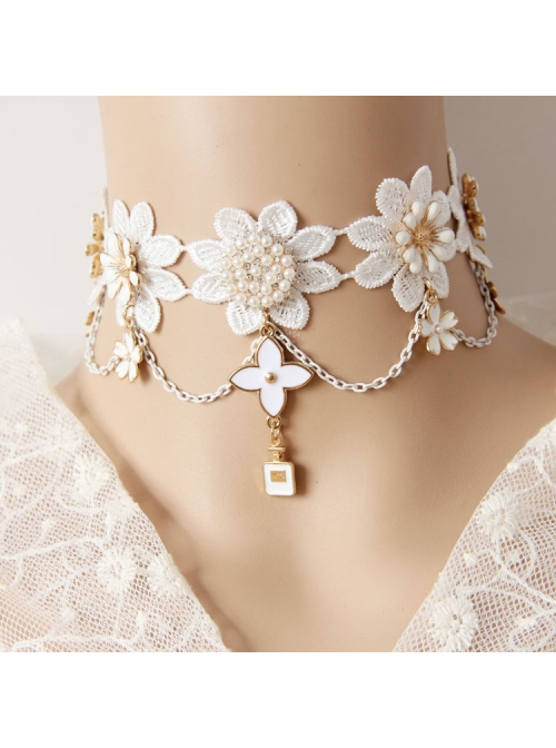 Baroque White Exaggerated Bride Wedding Dress Cherry Blossom Lace Pearl Palace Necklace