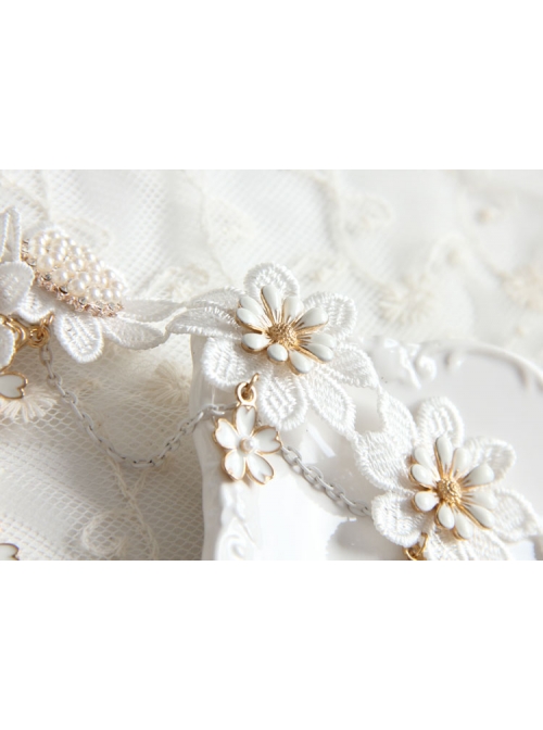 Baroque White Exaggerated Bride Wedding Dress Cherry Blossom Lace Pearl Palace Necklace