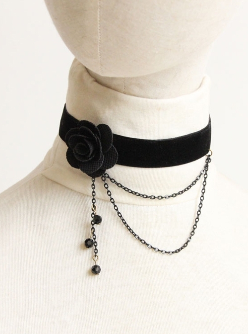 Gothic Retro Black Flower Tassel Velvet Rope Female Personality Necklace