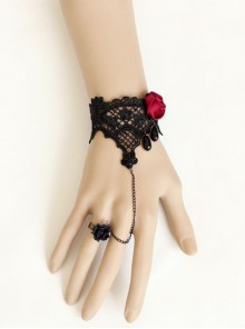Gothic Retro Black Lace Pearl Red Rose Vampire Bracelet With Ring