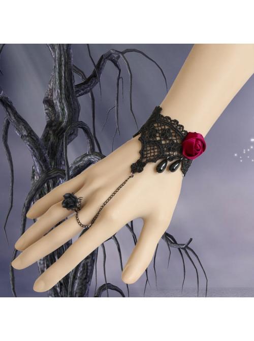 Gothic Retro Black Lace Pearl Red Rose Vampire Bracelet With Ring