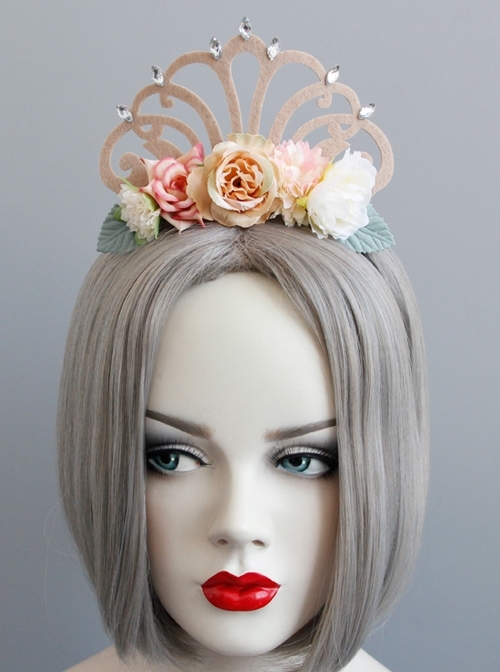 Fashion Flower Princess Crown Green Leaf Diamond Felt Cloth Birthday Party Headband
