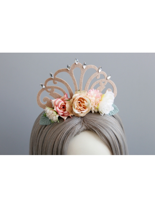 Fashion Flower Princess Crown Green Leaf Diamond Felt Cloth Birthday Party Headband