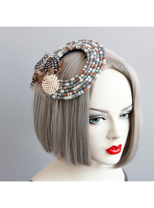 Fashion Ladies Handmade Blue Beaded Feathers Pearl Halloween Little Top Hat
