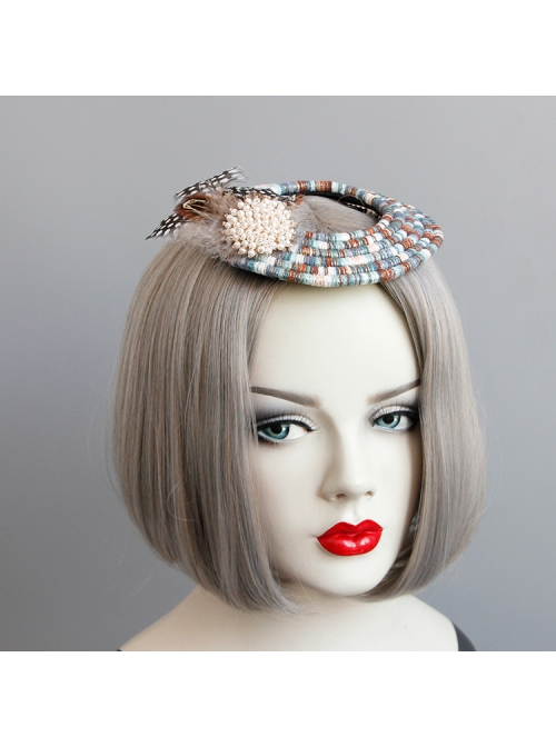 Fashion Ladies Handmade Blue Beaded Feathers Pearl Halloween Little Top Hat
