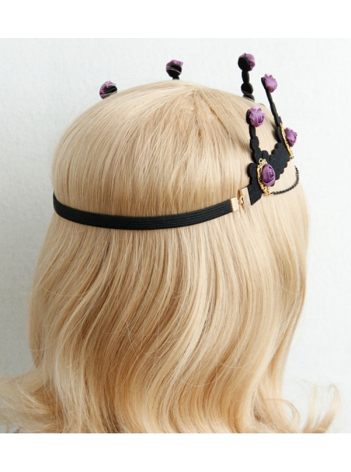 Baroque Palace Style Purple Rose Flower Black Tassel Crown Halloween Handmade Female Hair Band