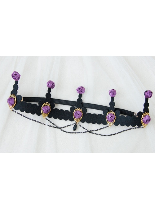Baroque Palace Style Purple Rose Flower Black Tassel Crown Halloween Handmade Female Hair Band
