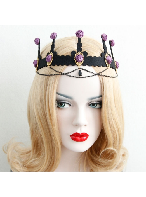 Baroque Palace Style Purple Rose Flower Black Tassel Crown Halloween Handmade Female Hair Band