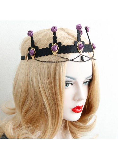 Baroque Palace Style Purple Rose Flower Black Tassel Crown Halloween Handmade Female Hair Band