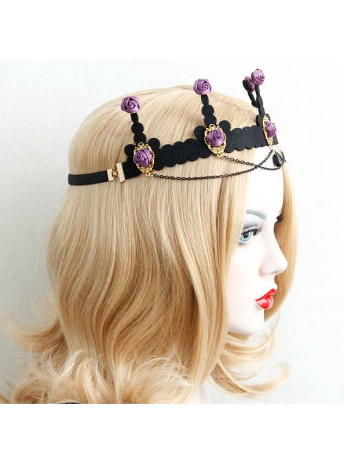 Baroque Palace Style Purple Rose Flower Black Tassel Crown Halloween Handmade Female Hair Band
