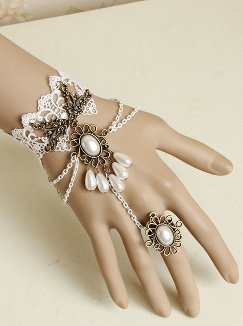Vintage Baroque White Lace Pearl Bride Palace Prom Ring Bracelet
