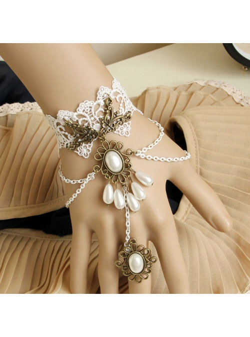 Vintage Baroque White Lace Pearl Bride Palace Prom Ring Bracelet